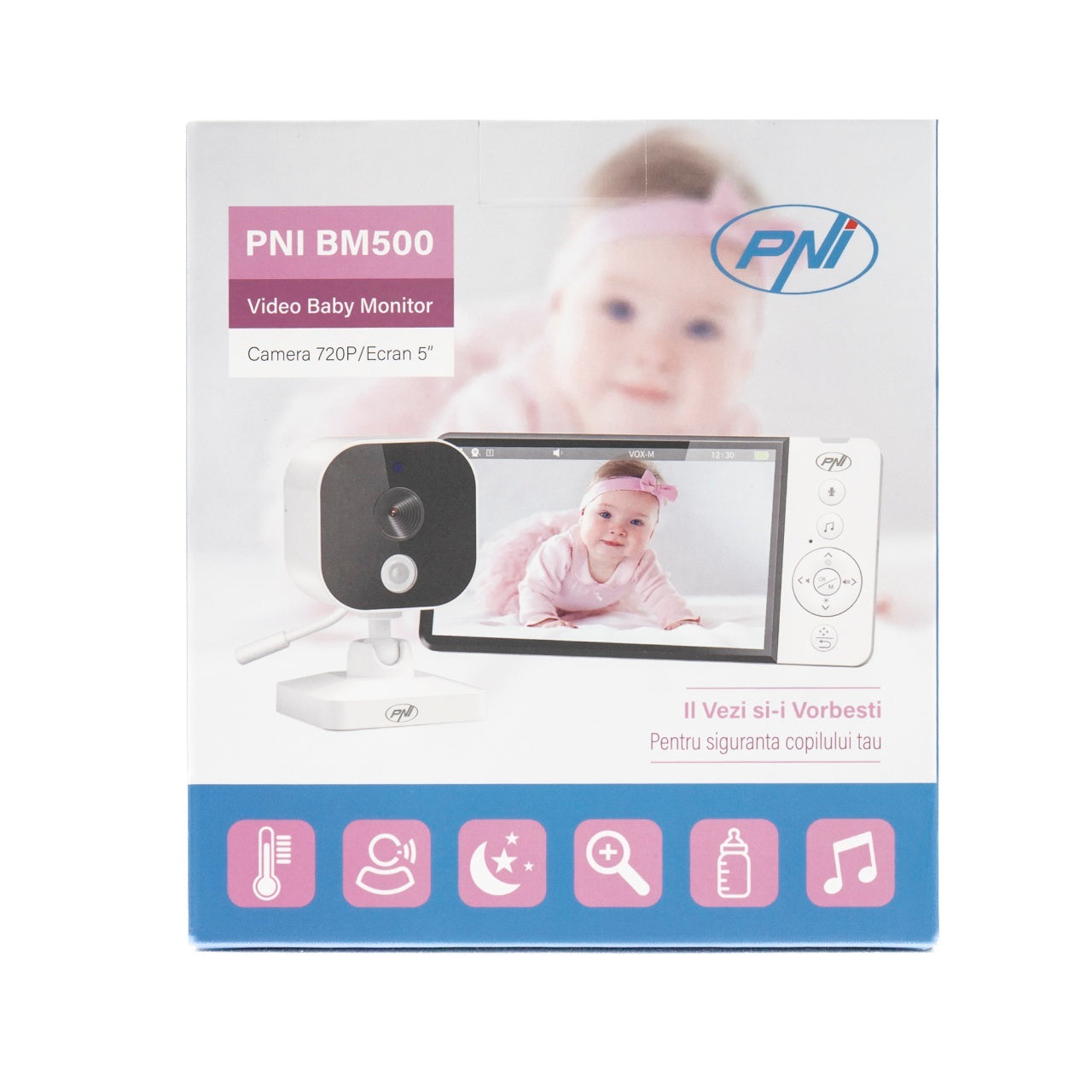 Pachet Video Baby Monitor PNI BM500 ecran 5 inch wireless 2.4 GHz si Sticky Pad Drapel inclus