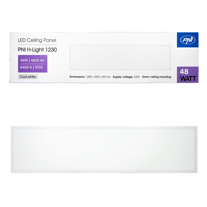 Panou LED PNI H-Light 1230 48W, 1200x300mm, 4800lm, 6400K, de interior, incastrabil, alb rece