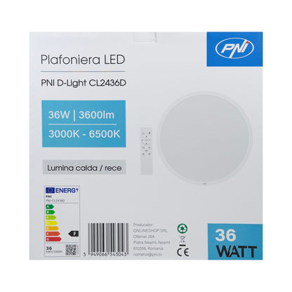 Plafoniera LED PNI D-Light CL2436D 36W, dimabila, cu telecomanda, rotunda 41 cm, 3000K-6500K, alimentare 230V, 3600 lm, alb