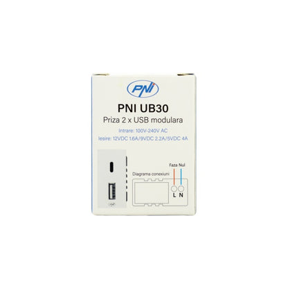 Priza alimentare 2 x USB PNI UB30, USB-A USB-C, 12V/9V/5V, max. 20W, modulara, tip F 1/2, montaj incastrat