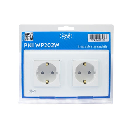 Priza dubla incastrabila PNI WP202W, cu rama din sticla, 16A, 2X3000W, 230V, alb