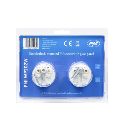 Priza dubla incastrabila PNI WP202W, cu rama din sticla, 16A, 2X3000W, 230V, alb