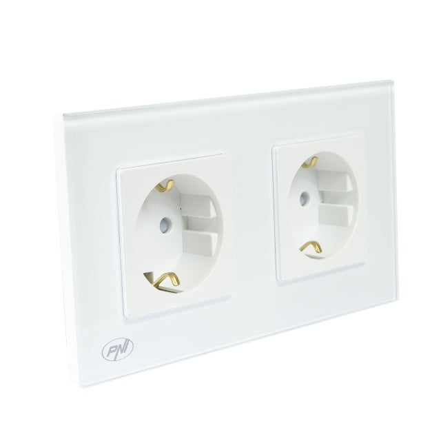 Priza dubla incastrabila PNI WP202W, cu rama din sticla, 16A, 2X3000W, 230V, alb