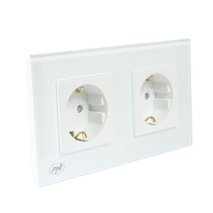Priza dubla incastrabila PNI WP202W, cu rama din sticla, 16A, 2X3000W, 230V, alb