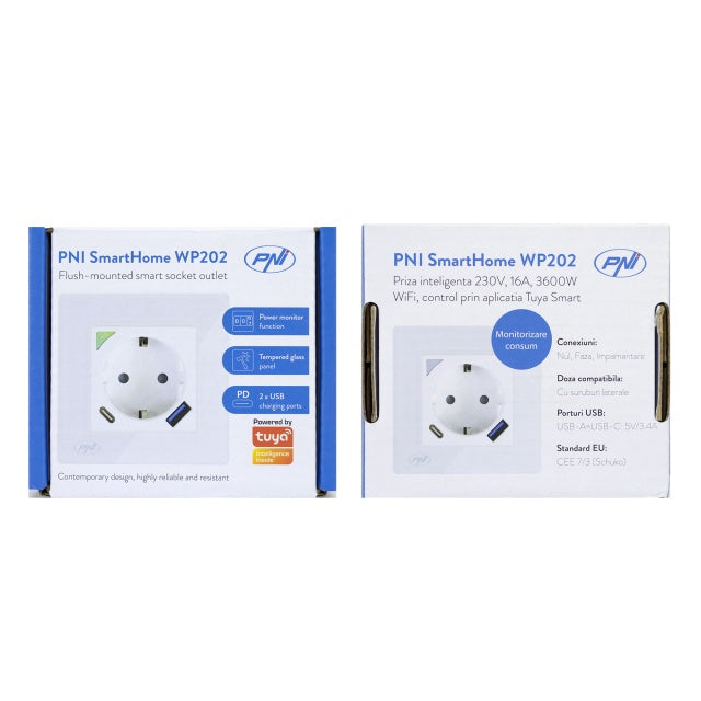 Priza inteligenta PNI SmartHome WP202 WiFi, montaj ingropat, control prin internet, aplicatie dedicata Tuya Smart, compatibila Amazon Alexa si Google Home