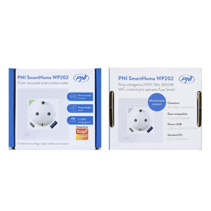 Priza inteligenta PNI SmartHome WP202 WiFi, montaj ingropat, control prin internet, aplicatie dedicata Tuya Smart, compatibila Amazon Alexa si Google Home