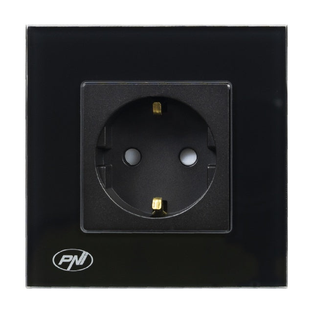 Priza simpla incastrabila PNI WP101B, cu rama din sticla, 16A, 3700W, 230V, negru