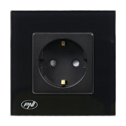 Priza simpla incastrabila PNI WP101B, cu rama din sticla, 16A, 3700W, 230V, negru