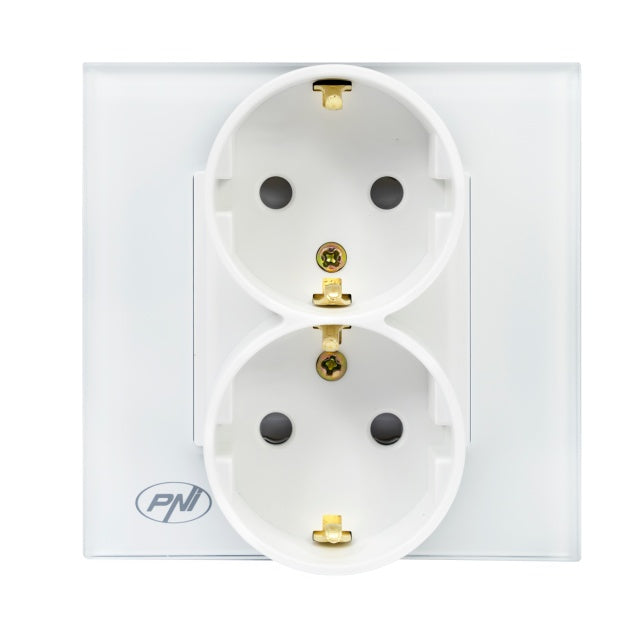 Priza simpla x2 incastrabila PNI WP222W cu rama din sticla culoare alb