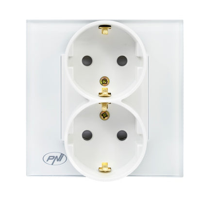 Priza simpla x2 incastrabila PNI WP222W cu rama din sticla culoare alb