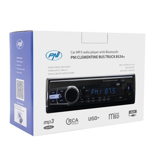 Radio MP3 player auto PNI Clementine Bus Truck 8524BT RDS 4x45w 12V/24V 1 DIN cu SD, USB, AUX, RCA si Bluetooth