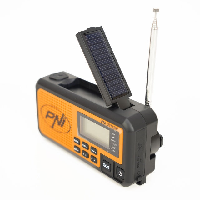Radio portabil PNI DYN300, cu dinam, incarcare solara, lanterna, powerbank 4000 mAh, SOS, IPX3, orange