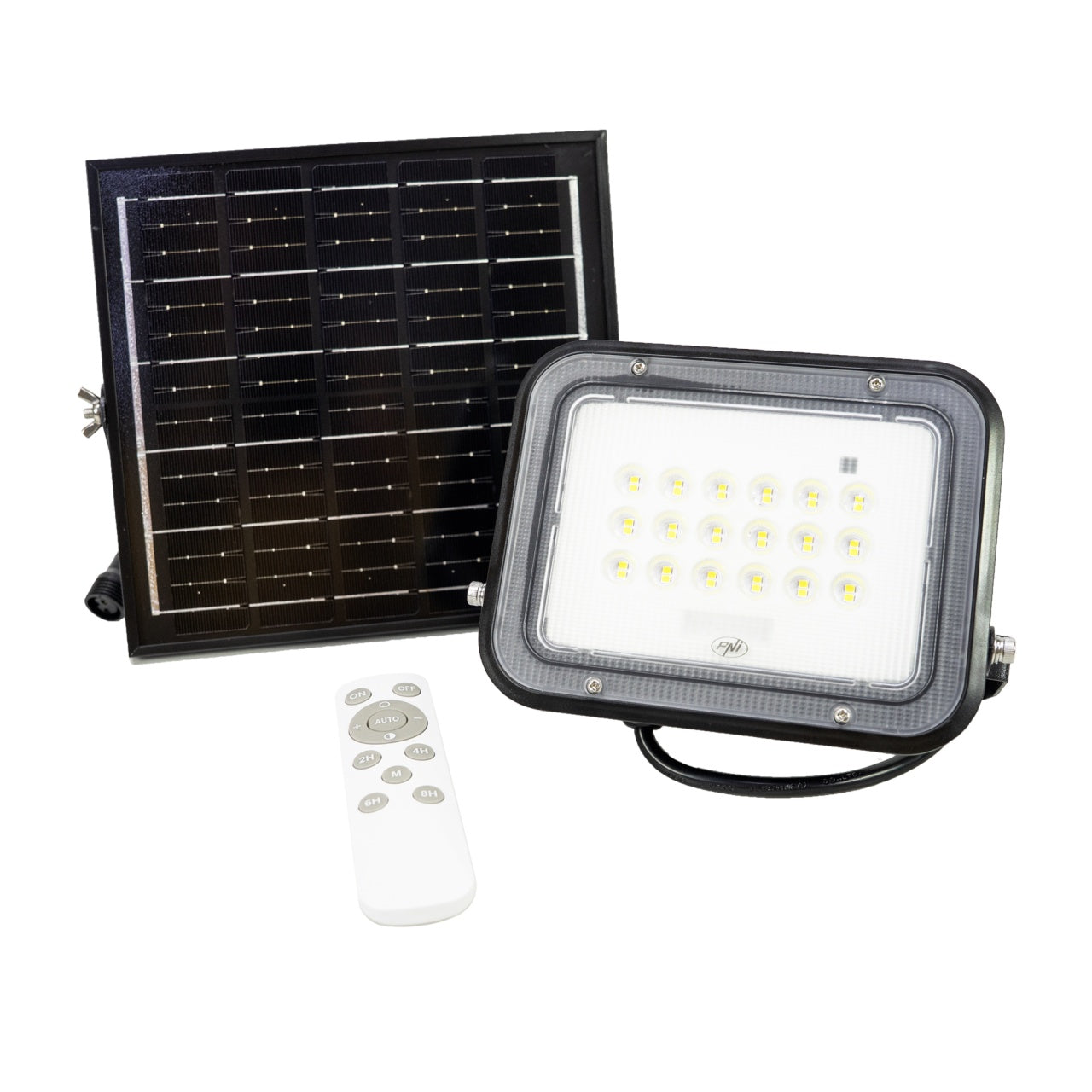 Reflector LED PNI GreenHouse WS50 PRO 50W cu panou solar 6W, acumulator 5000mAh, 800lm, telecomanda, timing si luminozitate reglabila, 6500 K, IP65
