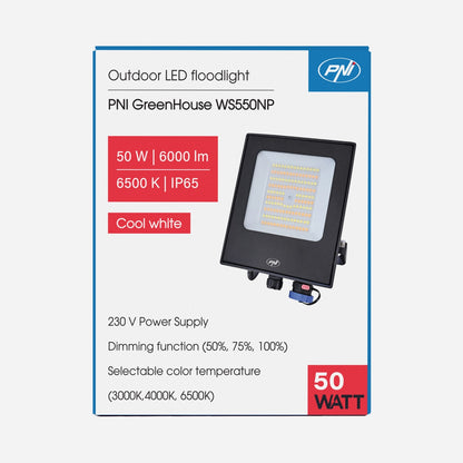 Reflector LED PNI GreenHouse WS550NP 50W alimentare 230V, temperatura de culoare reglabila (3000K, 4000K, 6500K), intensitate luminoasa reglabila