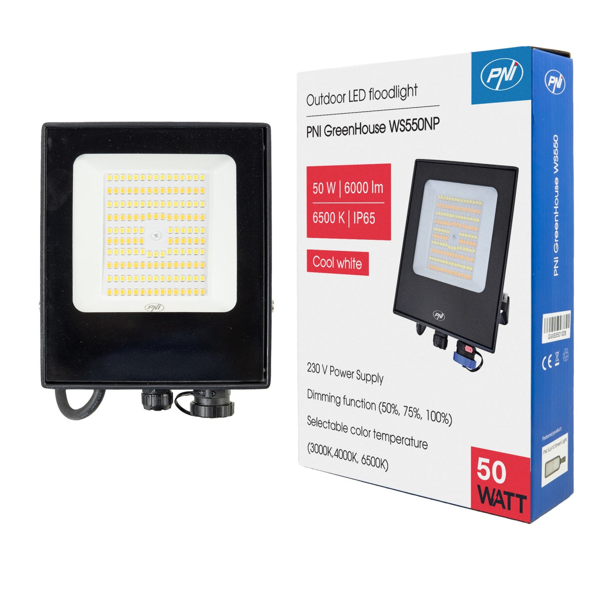 Reflector LED PNI GreenHouse WS550NP 50W alimentare 230V, temperatura de culoare reglabila (3000K, 4000K, 6500K), intensitate luminoasa reglabila