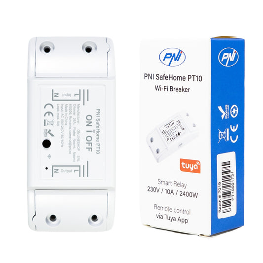 Releu inteligent PNI SafeHome PT10 WiFi, ON / OFF iesire 230V 10A, comanda prin internet, aplicatie de mobil Tuya Smart integrare in scenarii si automatizari smart cu alte produse compatibile Tuya