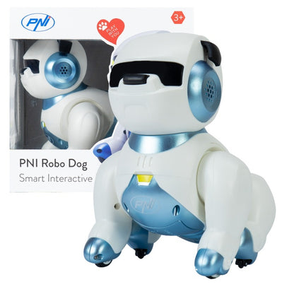 Robot inteligent interactiv PNI Robo Dog, control vocal, butoane tactile, alb-albastru, acumulator inclus 3.7V 350mAh