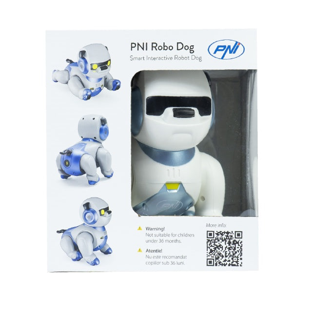 Robot inteligent interactiv PNI Robo Dog, control vocal, butoane tactile, alb-albastru, acumulator inclus 3.7V 350mAh