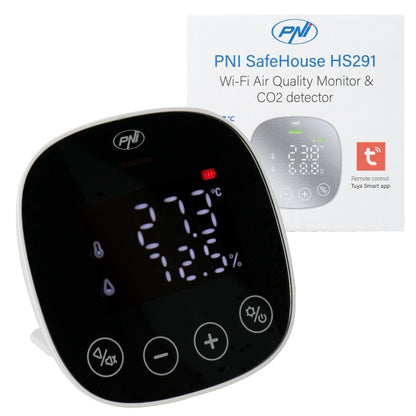 Senzor de calitate a aerului si dioxid de carbon (CO2) PNI SafeHouse HS291 cu Wi-Fi, control din aplicatia Tuya Smart, monitorizare CO2, temperatura, umiditate, afisare data ora, meniu setari, acumula