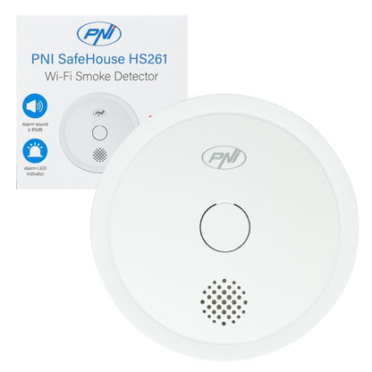 Senzor de fum PNI SafeHouse HS261 cu Wi-Fi, control din aplicatia Tuya Smart, alimentare baterie 3V, 85dB, alarma sonora si vizuala, alarma silentioasa