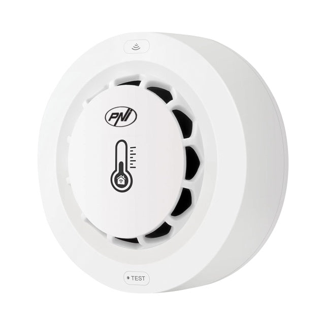 Senzor de fum, temperatura si umiditate PNI SafeHouse A022 cu Wi-Fi, compatibil cu aplicatia Tuya, alarma sonora 80dB, alimentare 3V