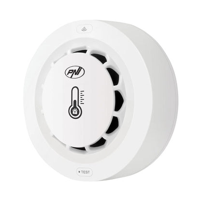 Senzor de fum, temperatura si umiditate PNI SafeHouse A022 cu Wi-Fi, compatibil cu aplicatia Tuya, alarma sonora 80dB, alimentare 3V