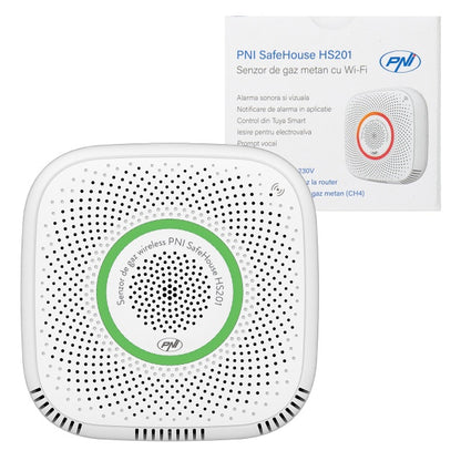 Senzor de gaz metan (CH4) PNI SafeHouse HS201 cu Wi-Fi, control din aplicatia Tuya Smart, alimentare 230V, 70dB, prompt vocal, alarma sonora si vizuala, iesire electrovalva