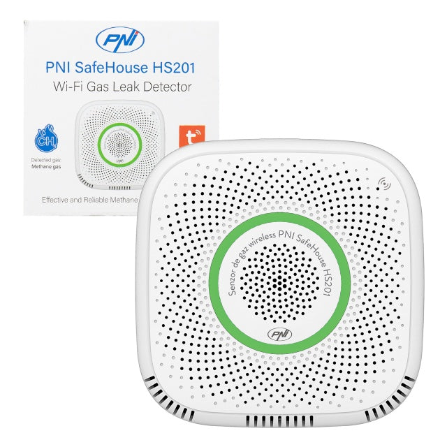Senzor de gaz metan (CH4) PNI SafeHouse HS201 cu Wi-Fi, control din aplicatia Tuya Smart, alimentare 230V, 70dB, prompt vocal, alarma sonora si vizuala, iesire electrovalva