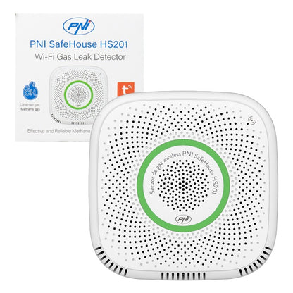 Senzor de gaz metan (CH4) PNI SafeHouse HS201 cu Wi-Fi, control din aplicatia Tuya Smart, alimentare 230V, 70dB, prompt vocal, alarma sonora si vizuala, iesire electrovalva