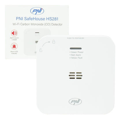 Senzor de monoxid de carbon (CO) PNI SafeHouse HS281 cu Wi-Fi, control din aplicatia Tuya Smart, alimentare baterii AA, 85dB, alarma sonora si vizuala, alarma silentioasa