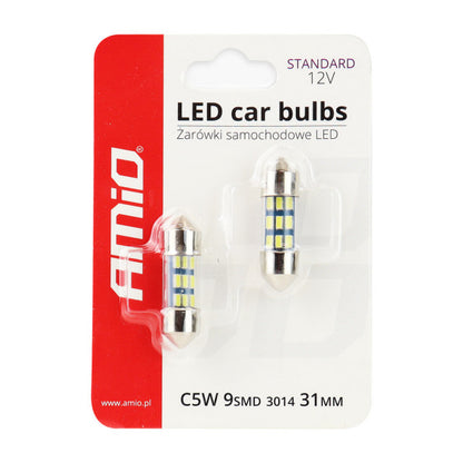 Set 2 becuri auto AMIO , LED 9 SMD 3014, 31mm, 12V, capac sticla, leduri alb sofit Festoon