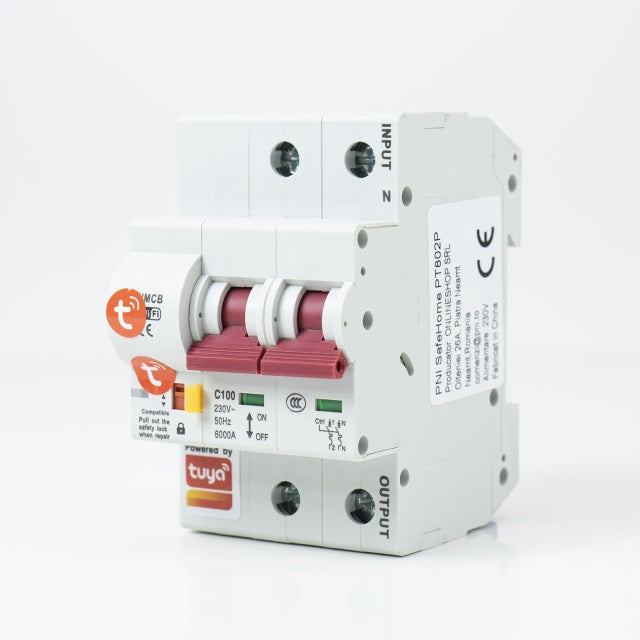 Siguranta automata inteligenta PNI SafeHome PT802P WiFi, 2P, 100A, comanda prin internet, aplicatie de mobil Tuya Smart, integrare in scenarii si automatizari smart cu alte produse compatibile Tuya, A