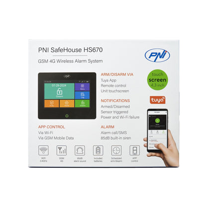 Sistem de alarma wireless PNI SafeHouse HS670 WiFi GSM 4G, ecran color tactil, 99 zone wireless, suporta 5 numere de telefon, apel si SMS de alarma, compatibil cu aplicatia Tuya Smart