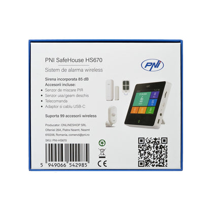 Sistem de alarma wireless PNI SafeHouse HS670 WiFi GSM 4G, ecran color tactil, 99 zone wireless, suporta 5 numere de telefon, apel si SMS de alarma, compatibil cu aplicatia Tuya Smart