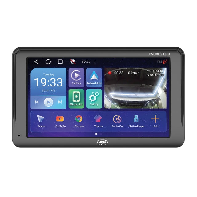 Sistem de navigatie GPS cu DVR incorporat PNI S932 PRO ecran 7 inch, memorie 32 GB, 2GB DDR3 RAM, Android 13, FM transmitter, Mirror Link, Apple Carplay si Android Auto, camera de marsarier inclusa