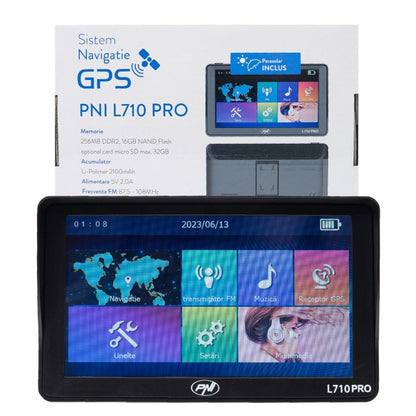 Sistem de navigatie GPS PNI L710 PRO cu parasolar, 7 inch, 800 MHz, 256MB DDR, 16GB memorie interna, FM transmitter, cu doua alimentatoare auto incluse