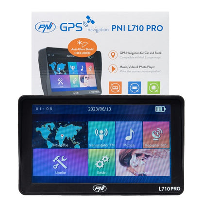 Sistem de navigatie GPS PNI L710 PRO cu parasolar, 7 inch, 800 MHz, 256MB DDR, 16GB memorie interna, FM transmitter, cu doua alimentatoare auto incluse