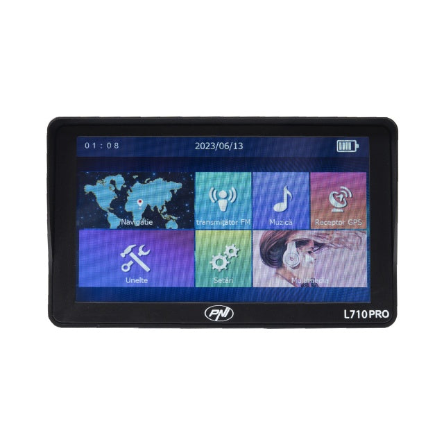 Sistem de navigatie GPS PNI L710 PRO cu parasolar, 7 inch, 800 MHz, 256MB DDR, 16GB memorie interna, FM transmitter, cu doua alimentatoare auto incluse