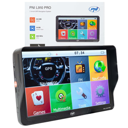 Sistem de navigatie GPS PNI L910 PRO cu parasolar, 9 inch, 800 MHz, 512MB DDR, 16GB memorie interna, FM transmitter, negru