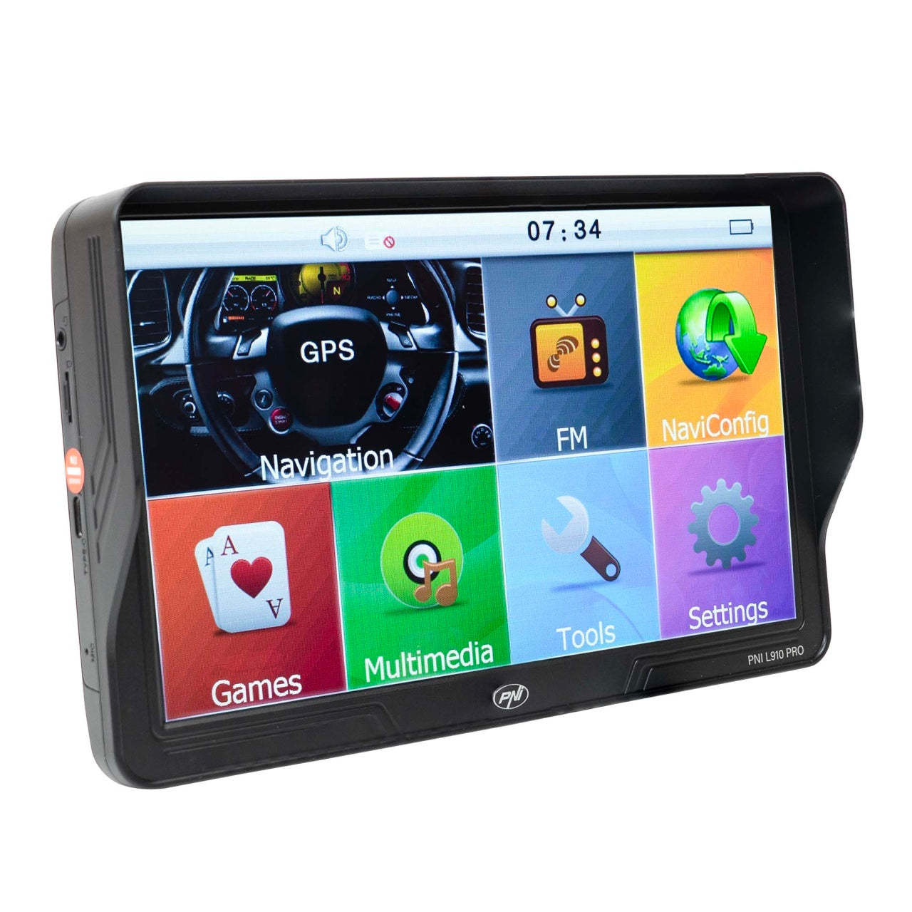 Sistem de navigatie GPS PNI L910 PRO cu parasolar, 9 inch, 800 MHz, 512MB DDR, 16GB memorie interna, FM transmitter, negru