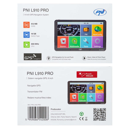 Sistem de navigatie GPS PNI L910 PRO cu parasolar, 9 inch, 800 MHz, 512MB DDR, 16GB memorie interna, FM transmitter, negru