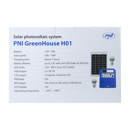 Sistem solar fotovoltaic PNI GreenHouse H01 30W cu acumulator 12V/7Ah, USB/Radio/MP3, 2 becuri LED