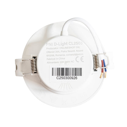 Spot LED PNI D-Light CL2503 3W, incastrabil, rotund 9 cm, 6400K, alimentare 230V, 330 lm, alb rece