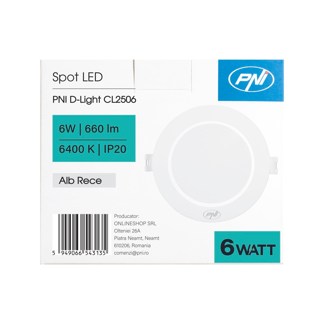 Spot LED PNI D-Light CL2506 6W, incastrabil, rotund 120 cm, 6400K, alimentare 230V, 660 lm, alb rece