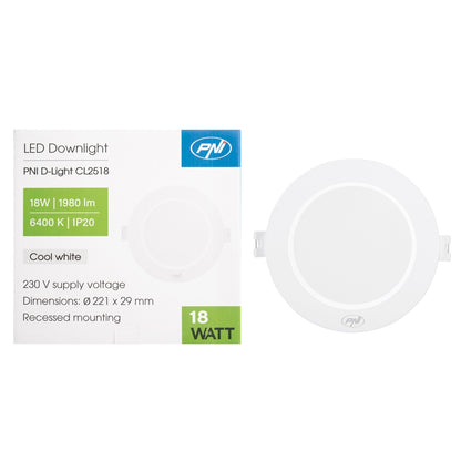 Spot LED PNI D-Light CL2518 18W, incastrabil, rotund 22 cm, 6400K, alimentare 230V, 1980 lm, alb rece