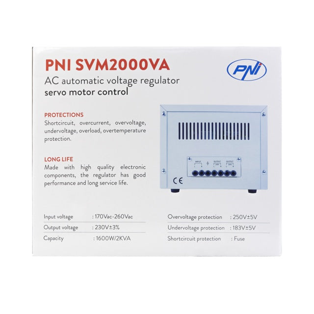 Stabilizator de tensiune PNI SVM2000VA cu servomotor, 1600W, 7.2A, iesire 230V