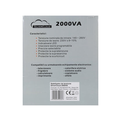 Stabilizator de tensiune SilverCloud 2000VA 1200W 9.1A iesire 230V ± 10%