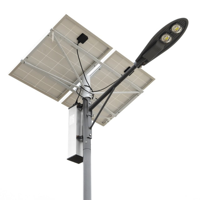Stalp de iluminat stradal PNI SL802 cu doua panouri fotovoltaice 2 x 80W, proiector LED 2 x 30W, acumulator 60Ah si stalp de montaj lungime 6 metri