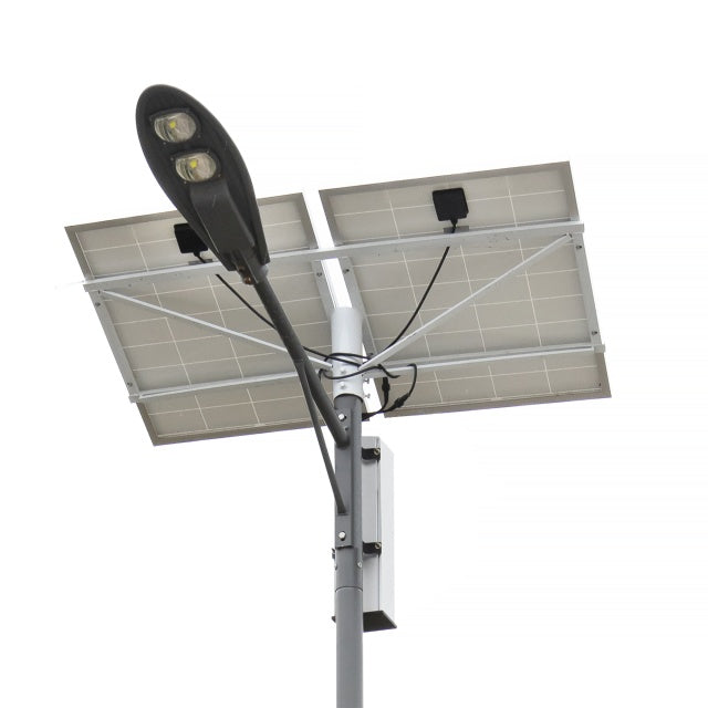 Stalp de iluminat stradal PNI SL802 cu doua panouri fotovoltaice 2 x 80W, proiector LED 2 x 30W, acumulator 60Ah si stalp de montaj lungime 6 metri