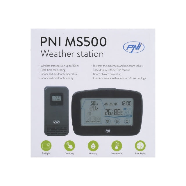 Statie meteo PNI MS500 cu senzor extern fara fir, afiseaza temperatura si umiditatea interioara si exterioara, memorie valori climaterice minime si maxime